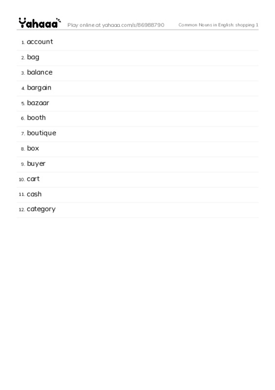 Common Nouns in English: shopping 1 PDF words glossary