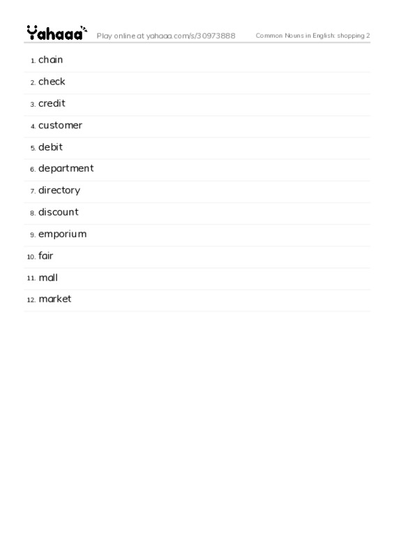 Common Nouns in English: shopping 2 PDF words glossary