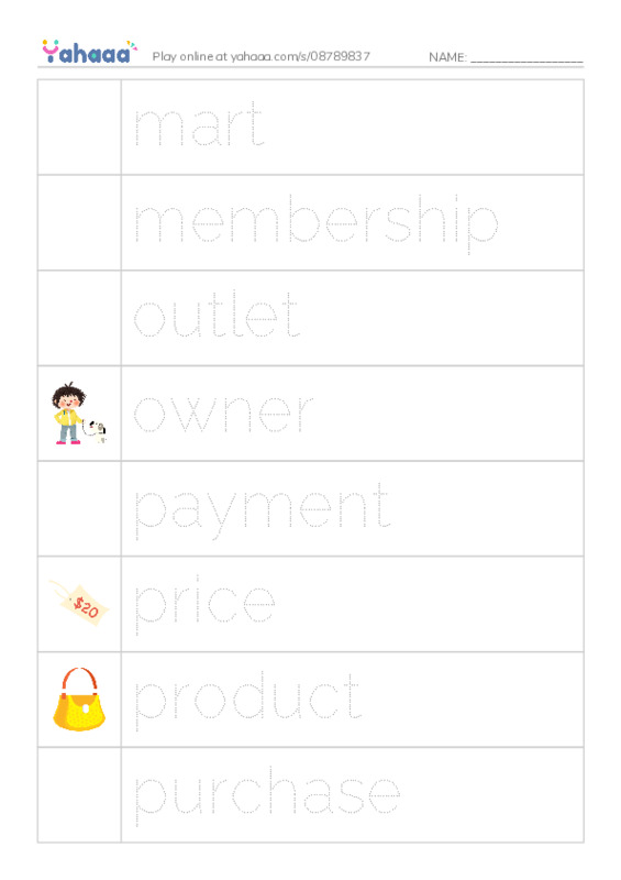 Common Nouns in English: shopping 3 PDF one column image words