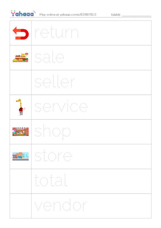 Common Nouns in English: shopping 4 PDF one column image words