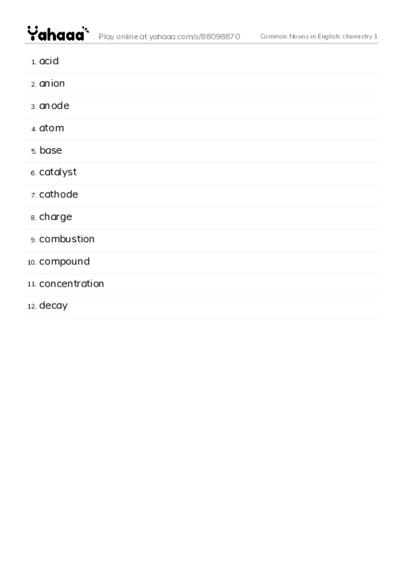 Common Nouns in English: chemistry 1 PDF words glossary