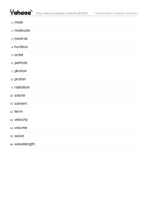 Common Nouns in English: chemistry 3 PDF words glossary