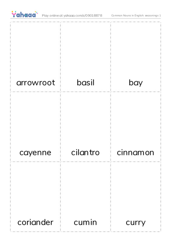 Common Nouns in English: seasonings 1 PDF flaschards with images