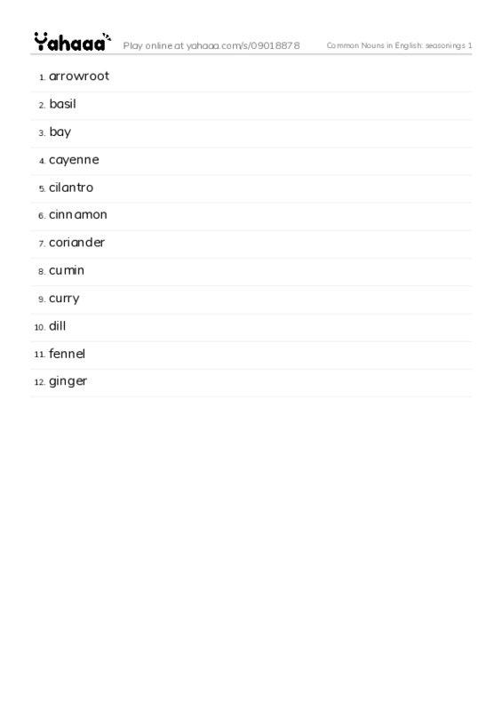 Common Nouns in English: seasonings 1 PDF words glossary
