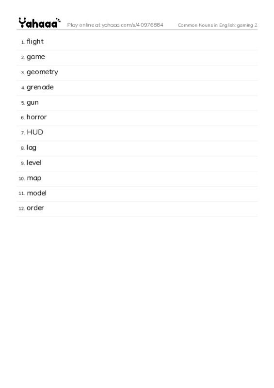 Common Nouns in English: gaming 2 PDF words glossary