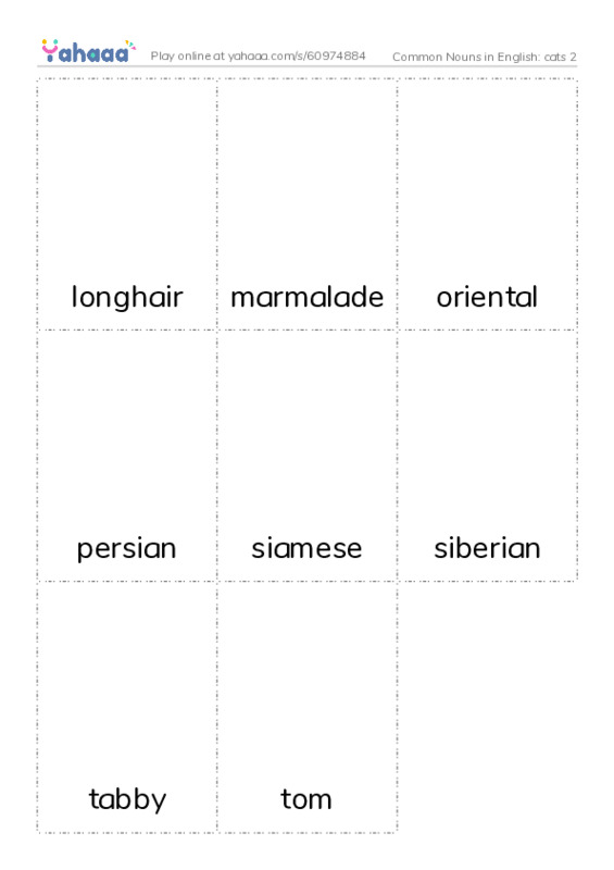 Common Nouns in English: cats 2 PDF flaschards with images