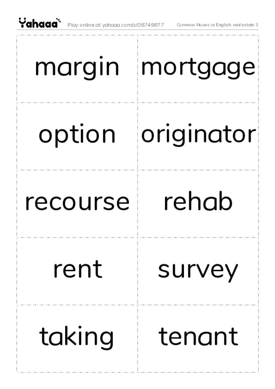 Common Nouns in English: real estate 3 PDF two columns flashcards