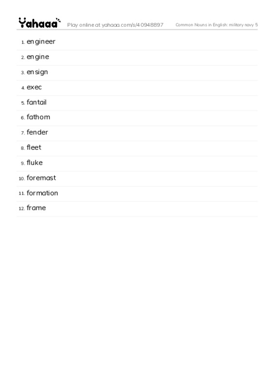 Common Nouns in English: military navy 5 PDF words glossary