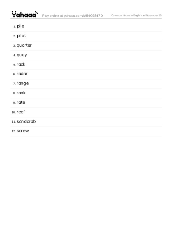 Common Nouns in English: military navy 10 PDF words glossary