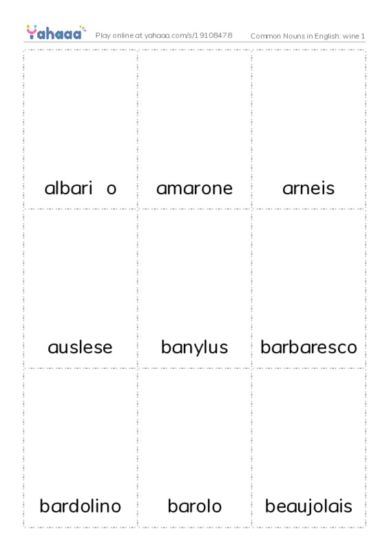 Common Nouns in English: wine 1 PDF flaschards with images