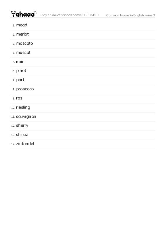Common Nouns in English: wine 3 PDF words glossary