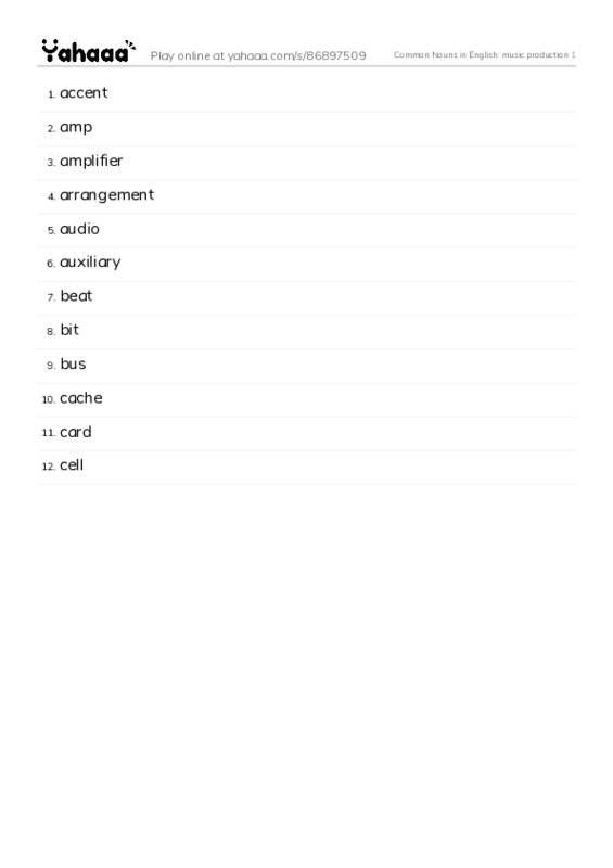 Common Nouns in English: music production 1 PDF words glossary
