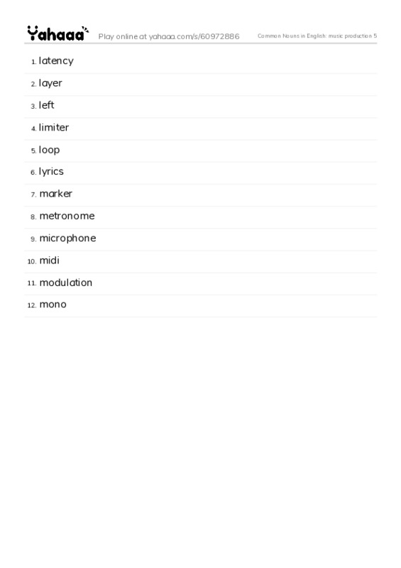 Common Nouns in English: music production 5 PDF words glossary