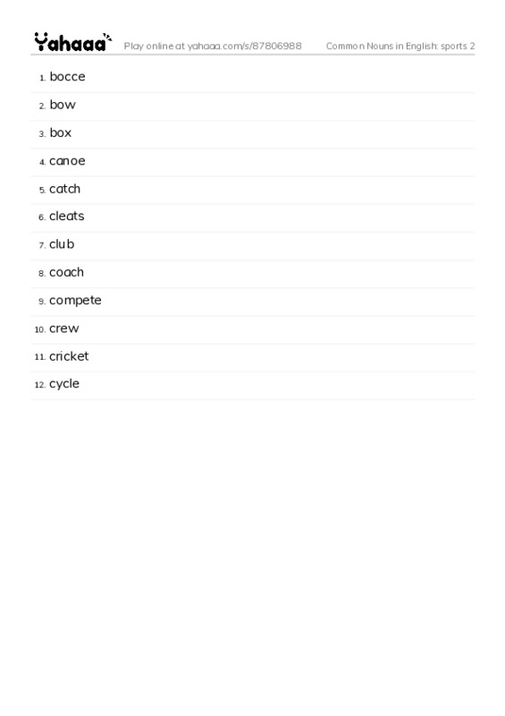 Common Nouns in English: sports 2 PDF words glossary