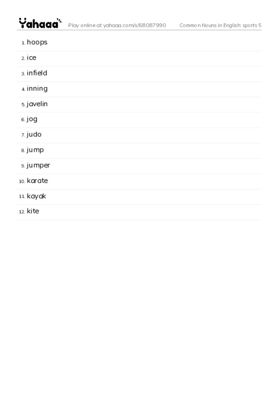 Common Nouns in English: sports 5 PDF words glossary