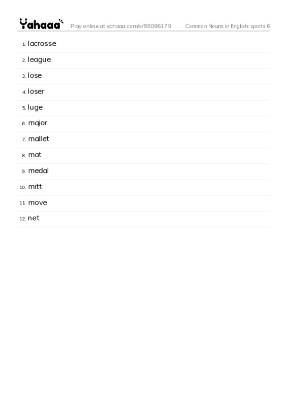 Common Nouns in English: sports 6 PDF words glossary