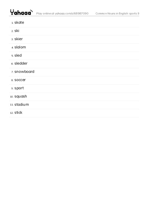 Common Nouns in English: sports 9 PDF words glossary