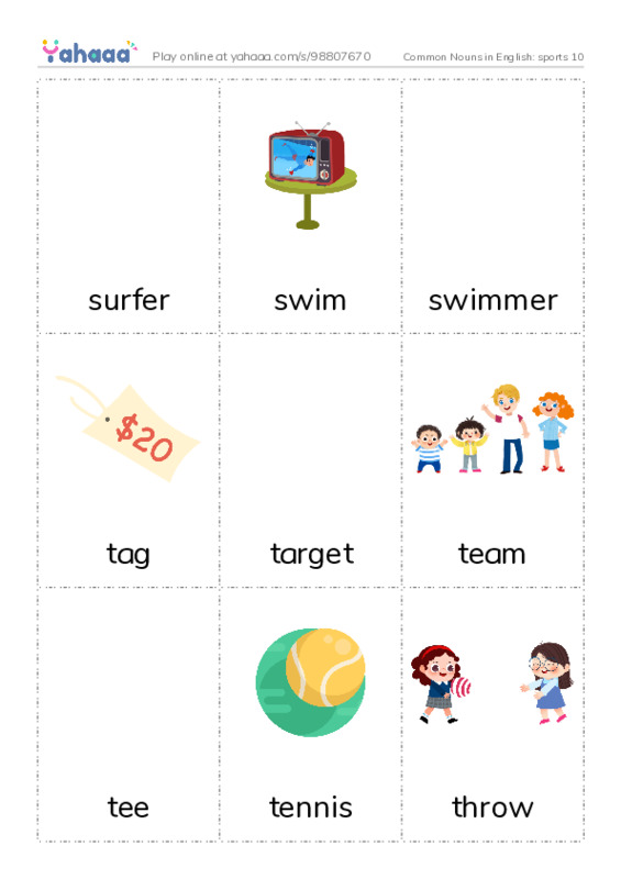 Common Nouns in English: sports 10 PDF flaschards with images