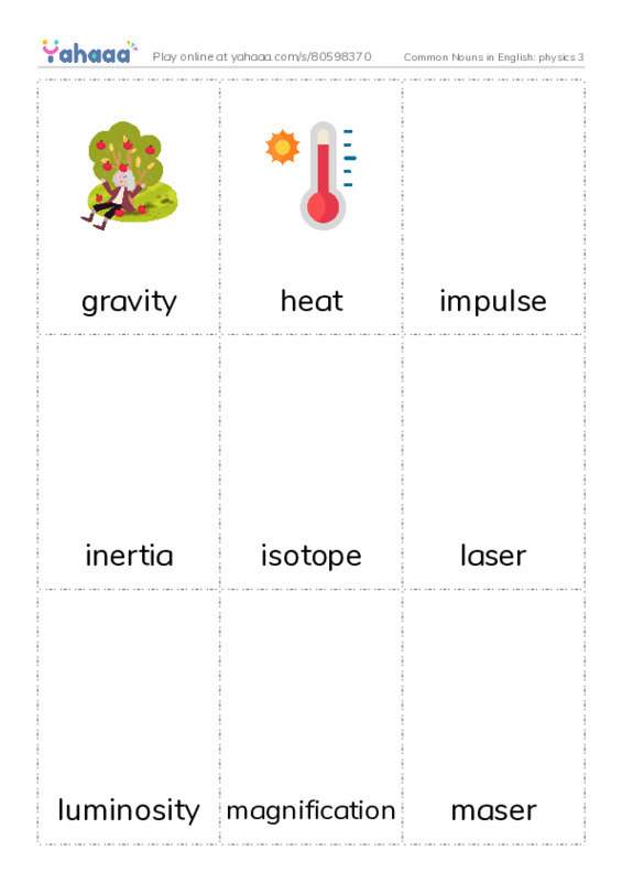 Common Nouns in English: physics 3 PDF flaschards with images