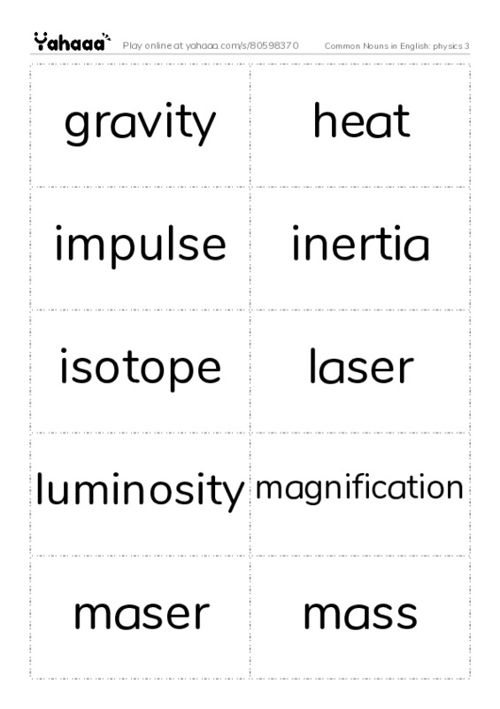 Common Nouns in English: physics 3 PDF two columns flashcards