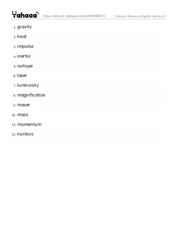 Common Nouns in English: physics 3 PDF words glossary