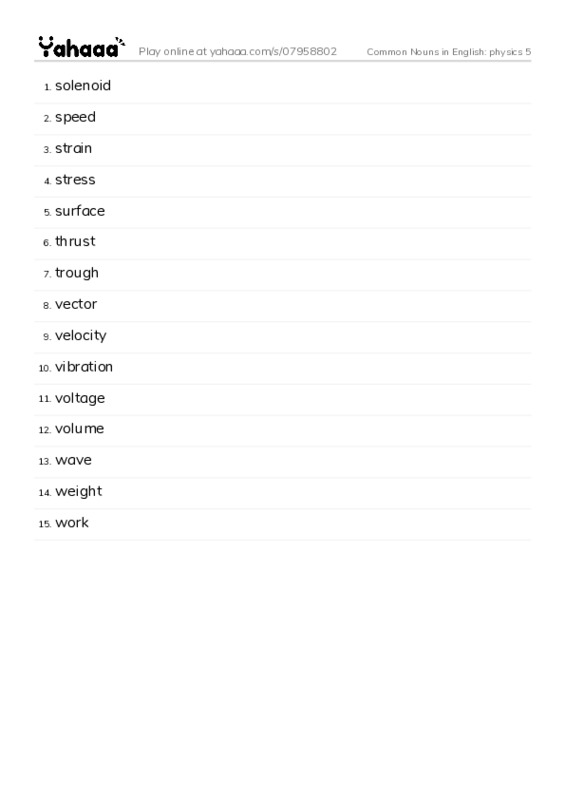 Common Nouns in English: physics 5 PDF words glossary