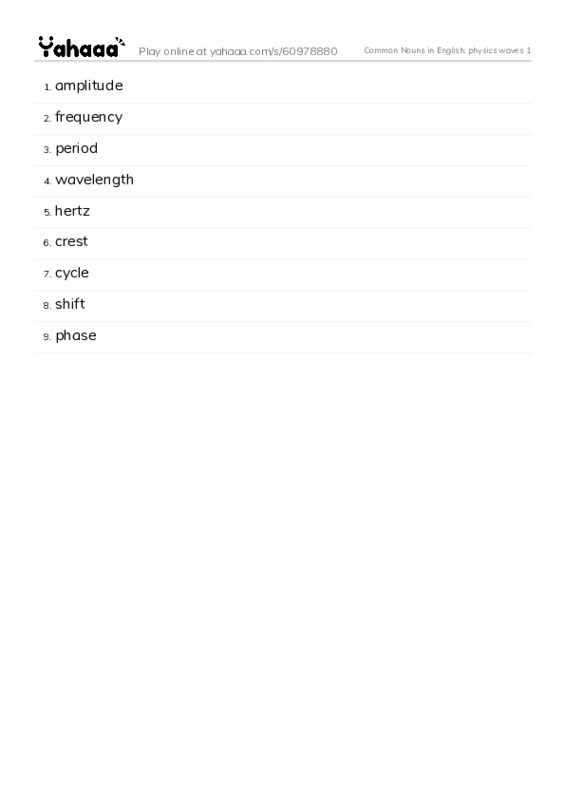 Common Nouns in English: physics waves 1 PDF words glossary