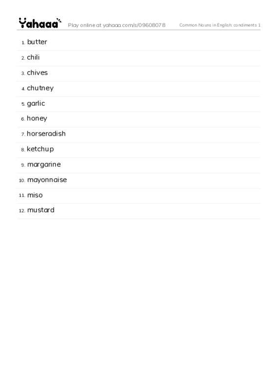 Common Nouns in English: condiments 1 PDF words glossary