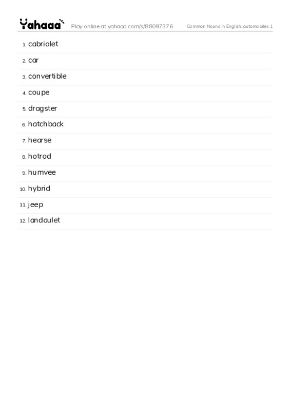 Common Nouns in English: automobiles 1 PDF words glossary