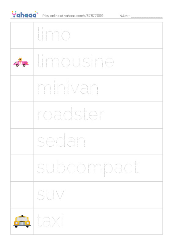 Common Nouns in English: automobiles 2 PDF one column image words