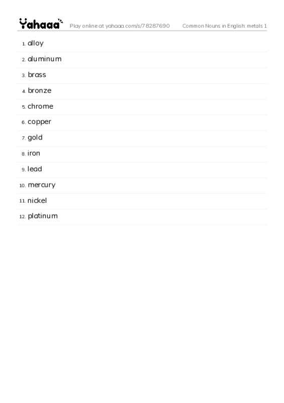Common Nouns in English: metals 1 PDF words glossary