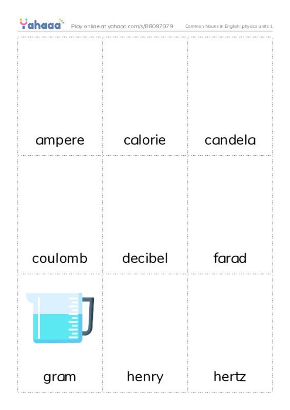 Common Nouns in English: physics units 1 PDF flaschards with images