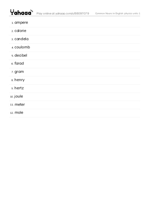 Common Nouns in English: physics units 1 PDF words glossary