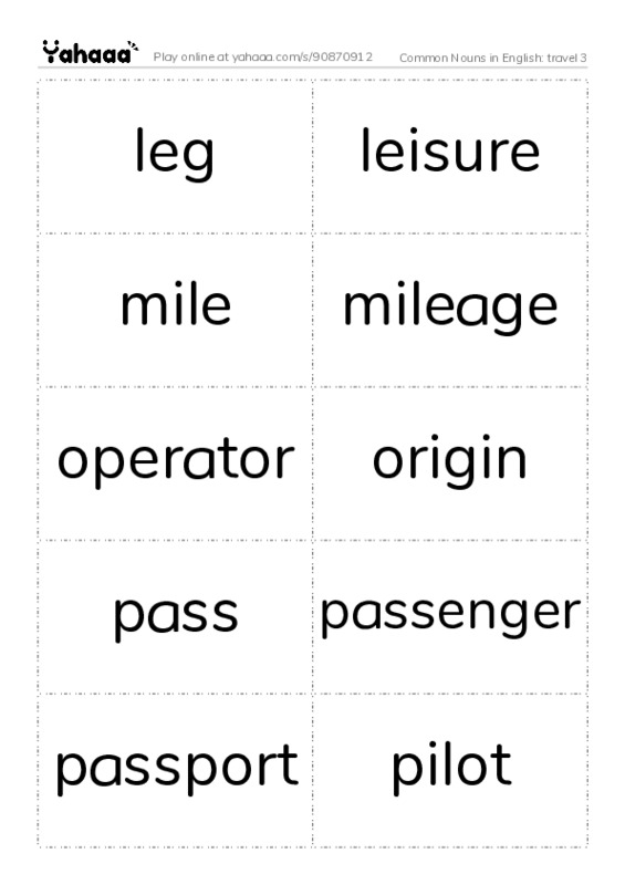 Common Nouns in English: travel 3 PDF two columns flashcards