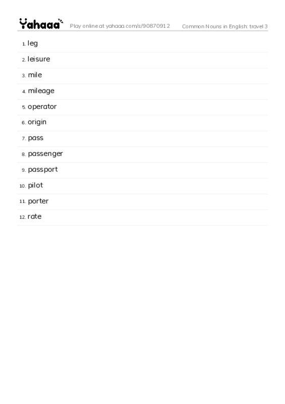 Common Nouns in English: travel 3 PDF words glossary
