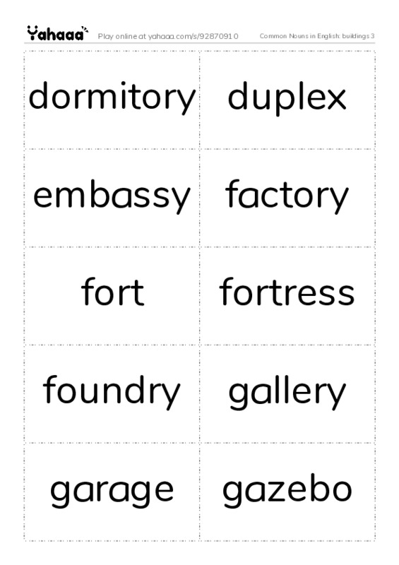 Common Nouns in English: buildings 3 PDF two columns flashcards