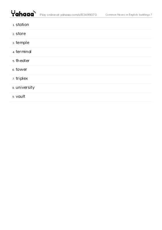 Common Nouns in English: buildings 7 PDF words glossary