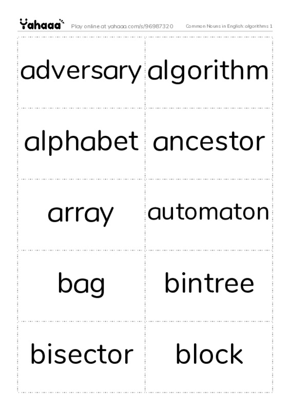 Common Nouns in English: algorithms 1 PDF two columns flashcards