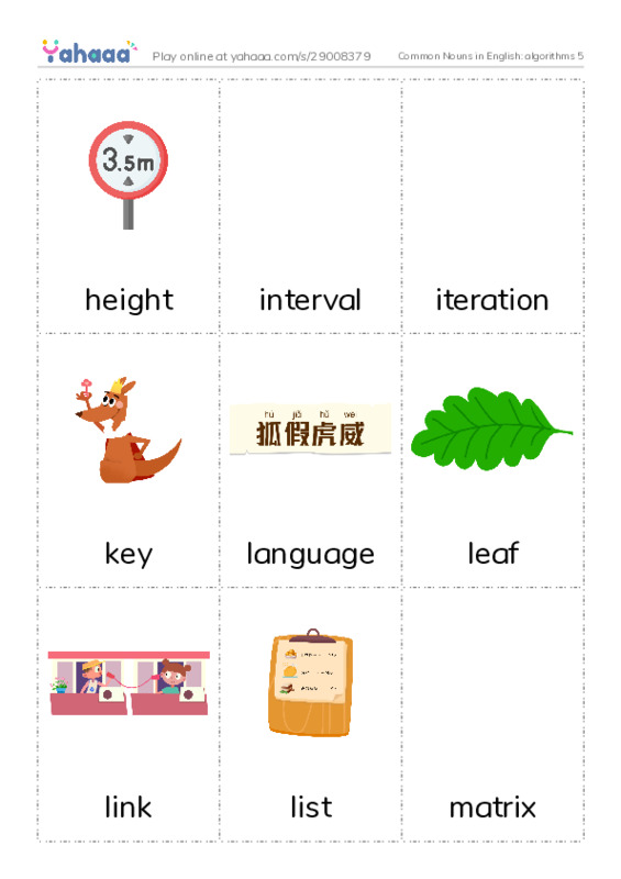 Common Nouns in English: algorithms 5 PDF flaschards with images