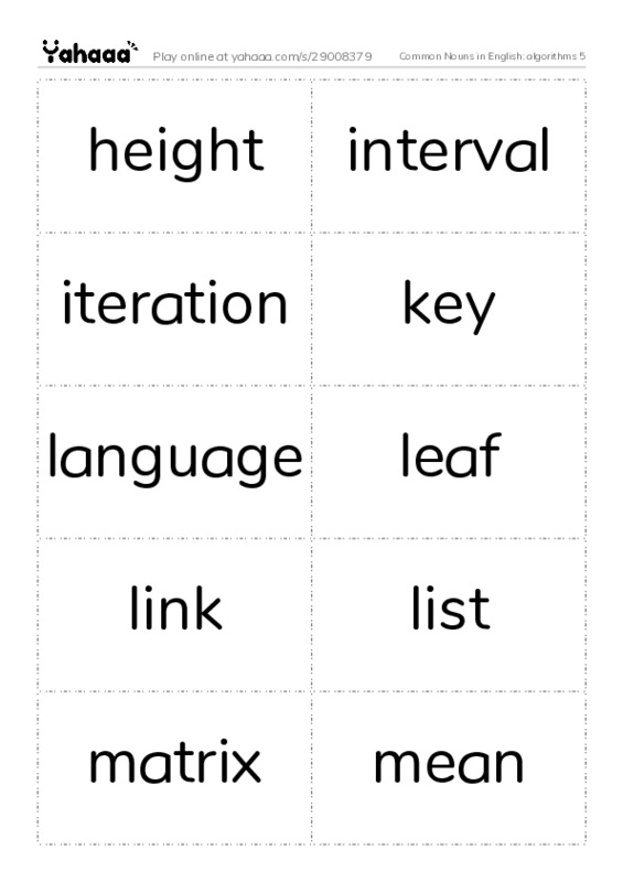 Common Nouns in English: algorithms 5 PDF two columns flashcards