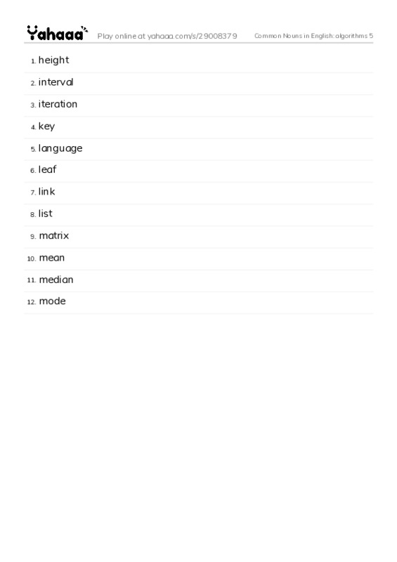 Common Nouns in English: algorithms 5 PDF words glossary