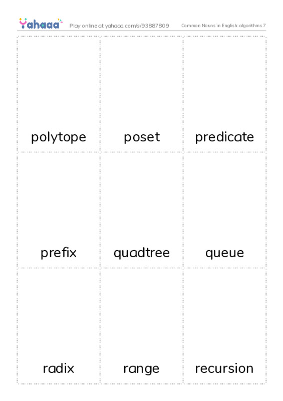 Common Nouns in English: algorithms 7 PDF flaschards with images