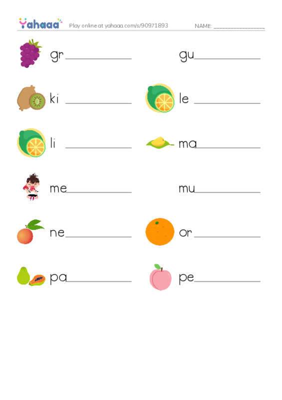 Common Nouns in English: fruit 2 PDF worksheet writing row