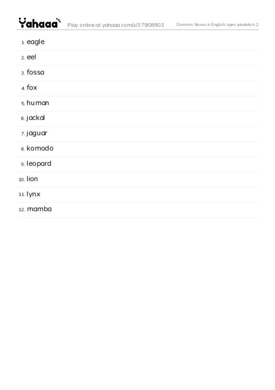 Common Nouns in English: apex predators 2 PDF words glossary