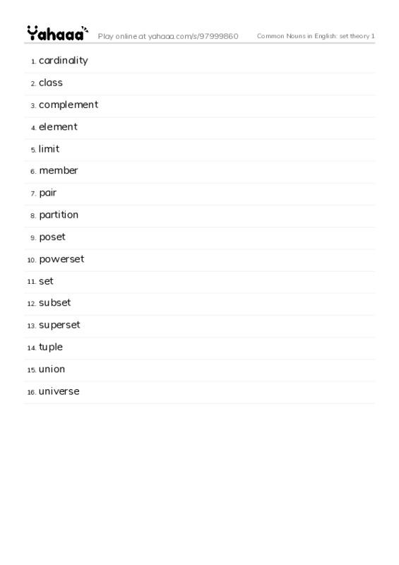 Common Nouns in English: set theory 1 PDF words glossary