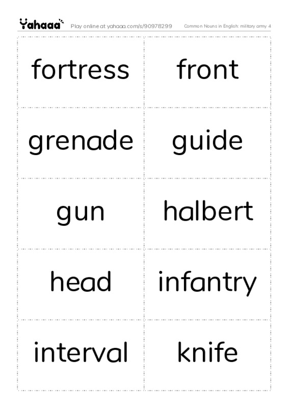 Common Nouns in English: military army 4 PDF two columns flashcards