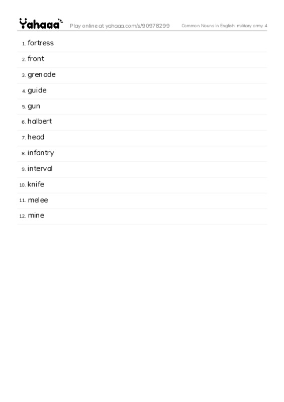 Common Nouns in English: military army 4 PDF words glossary