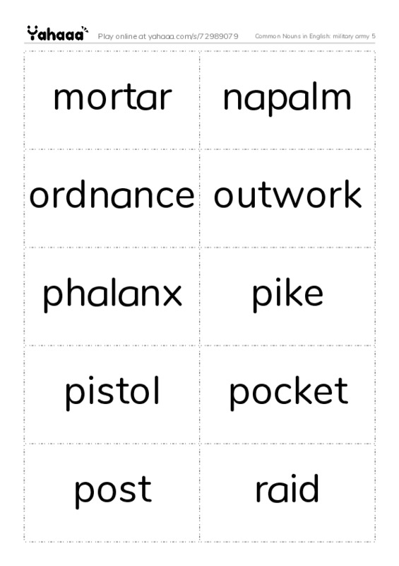 Common Nouns in English: military army 5 PDF two columns flashcards