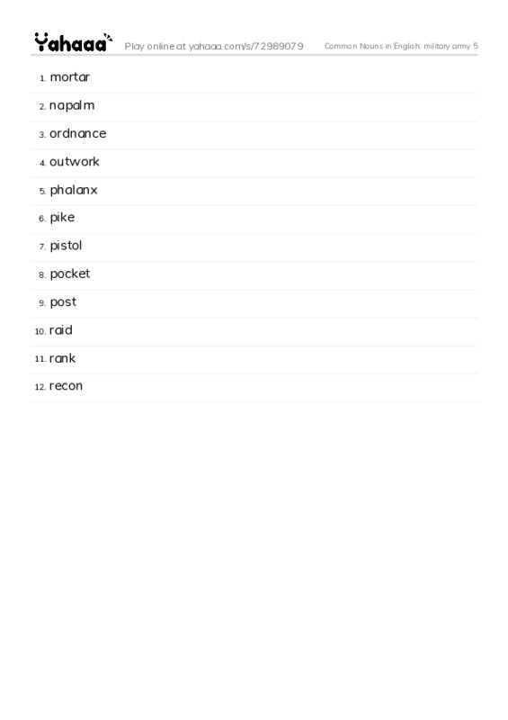 Common Nouns in English: military army 5 PDF words glossary