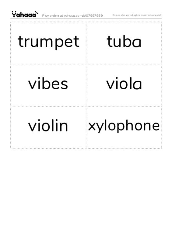 Common Nouns in English: music instruments 3 PDF two columns flashcards